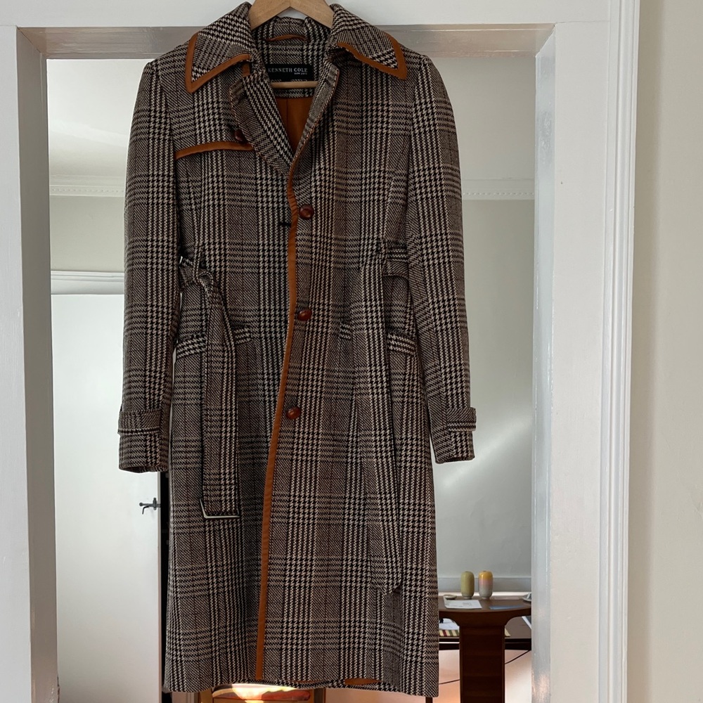 Kenneth Cole New York Plaid Trench Coat - Brown and Tan
